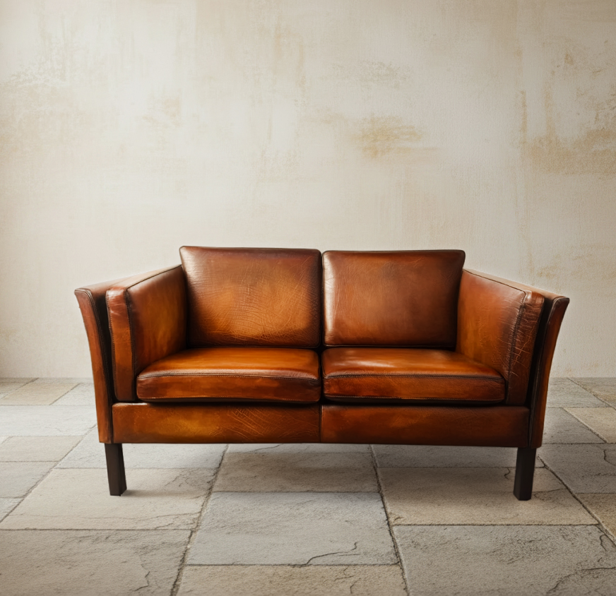 Vintage Danish Tan Leather 2 Seater Sofa