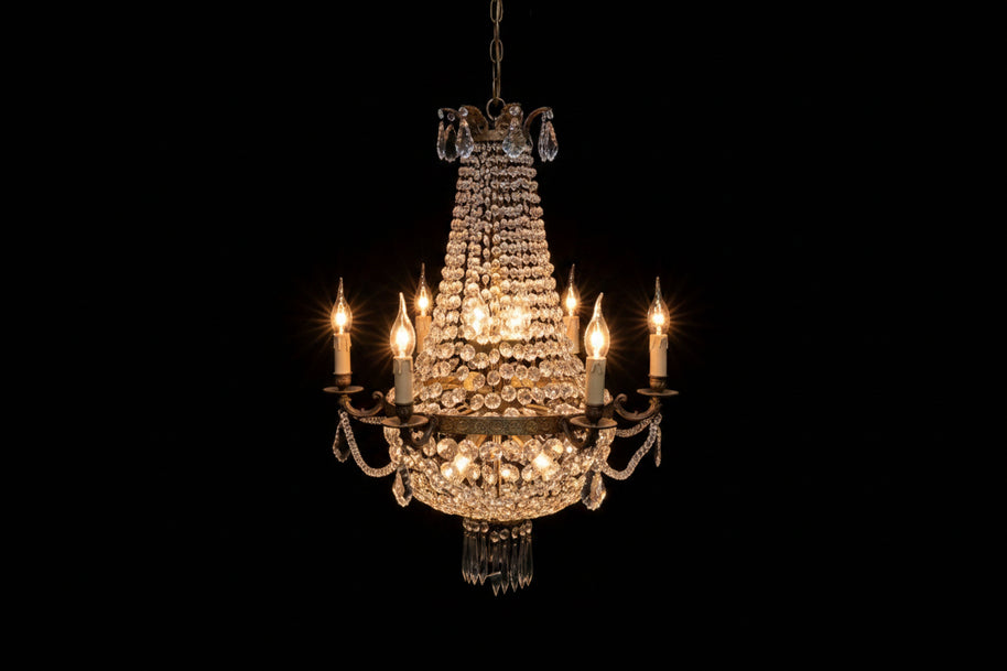 Vintage French Style Brass & Crystal 12 Candle Chandelier