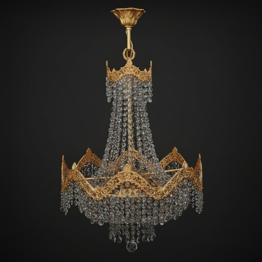 Vintage Brass & Crystal 9 Candle Waterfall Chandelier