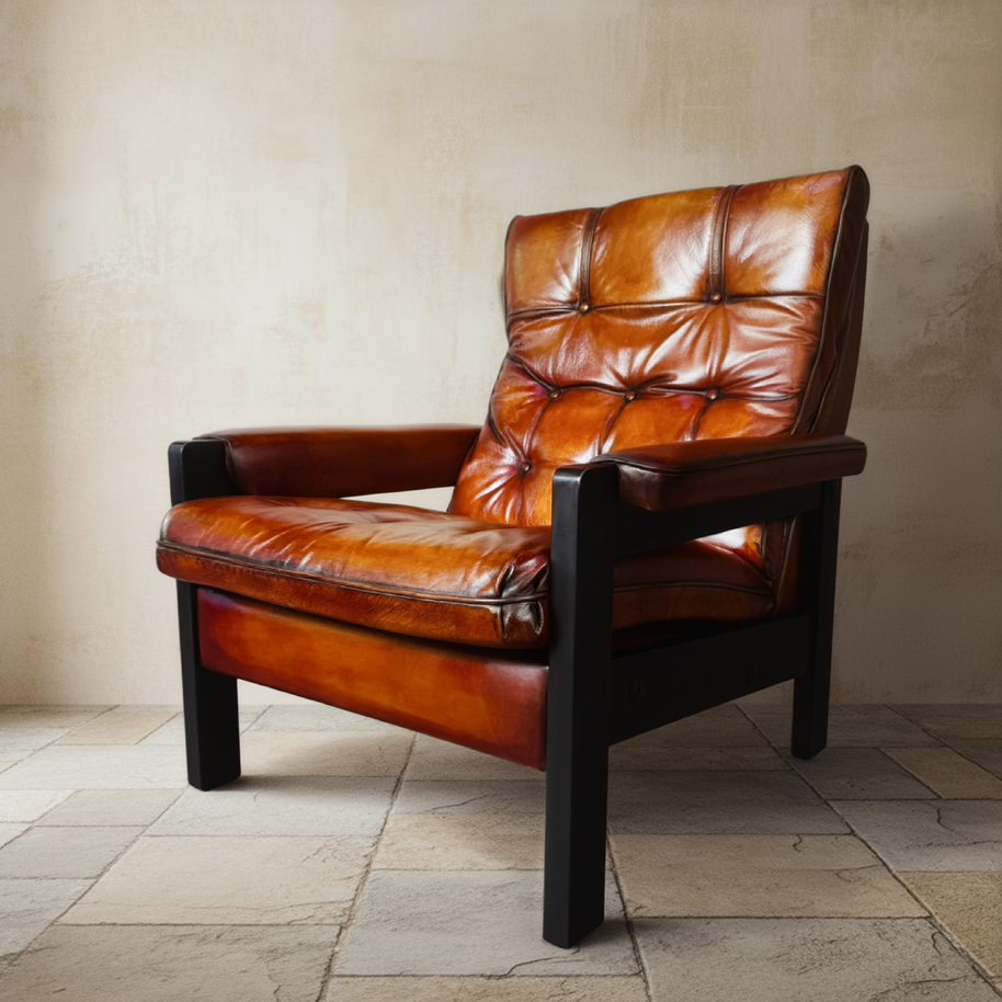Vintage Danish Tan Leather Lounge Chair – Solid Oak Frame