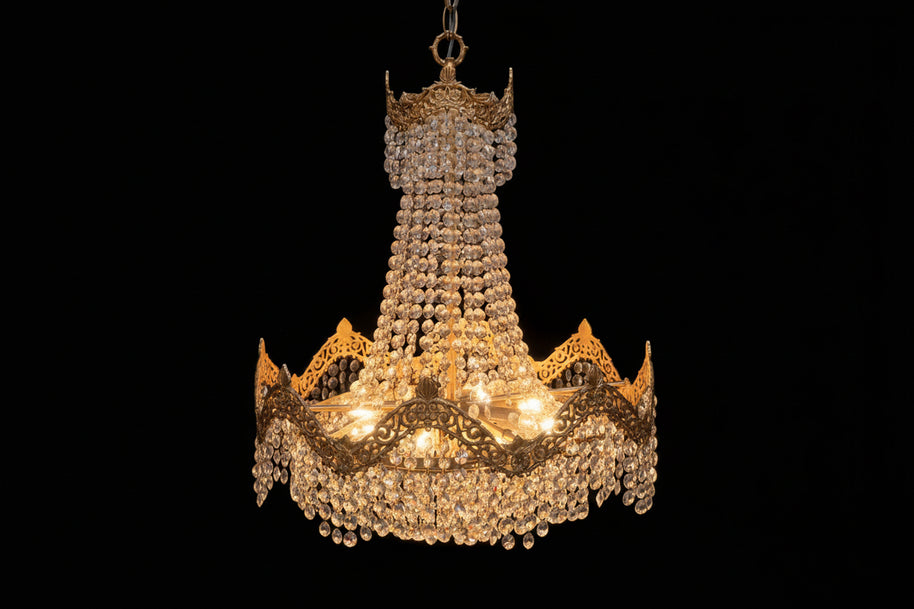 Vintage Brass & Crystal 9 Candle Waterfall Chandelier