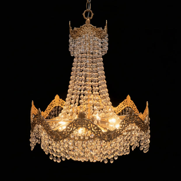 Vintage Brass & Crystal 9 Candle Waterfall Chandelier