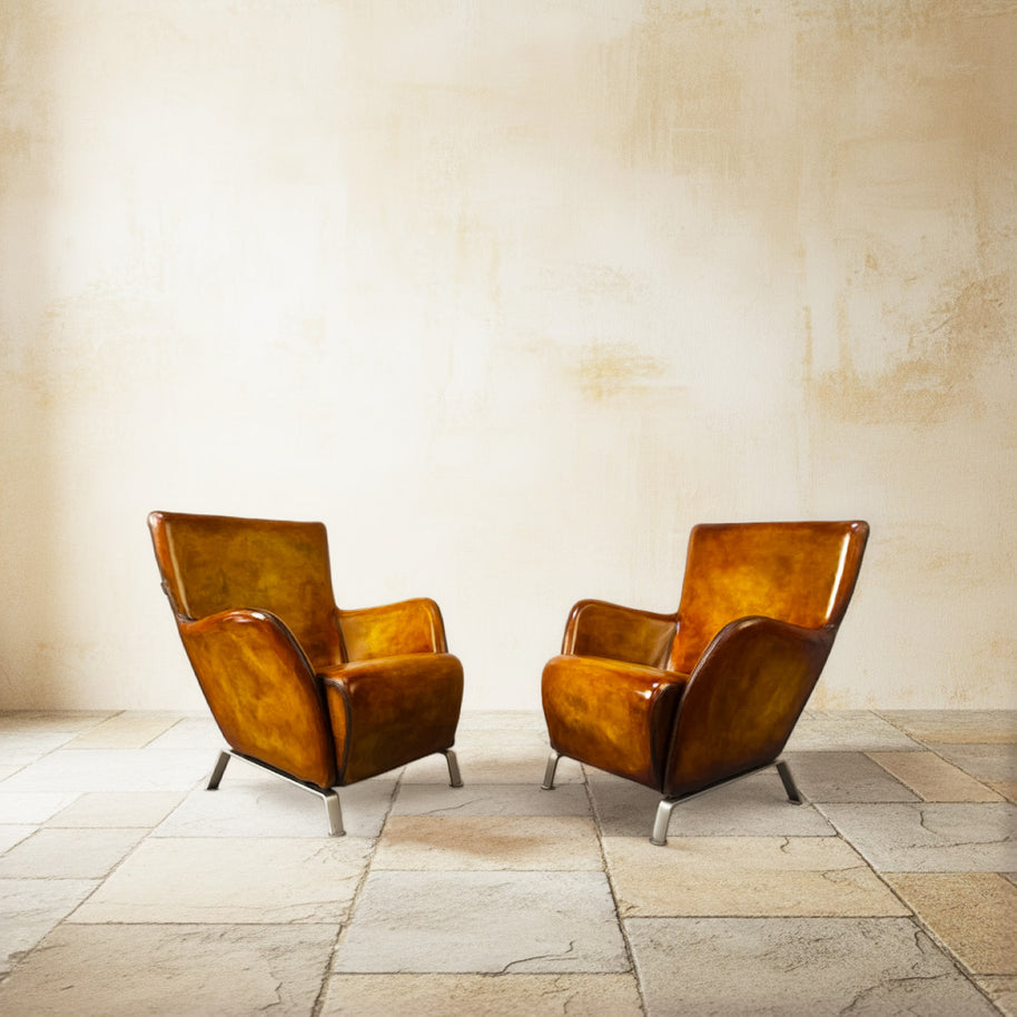 Contemporary Danish Hand Dyed Light Tan Leather Armchairs