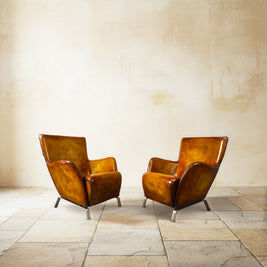 Contemporary Danish Hand Dyed Light Tan Leather Armchairs
