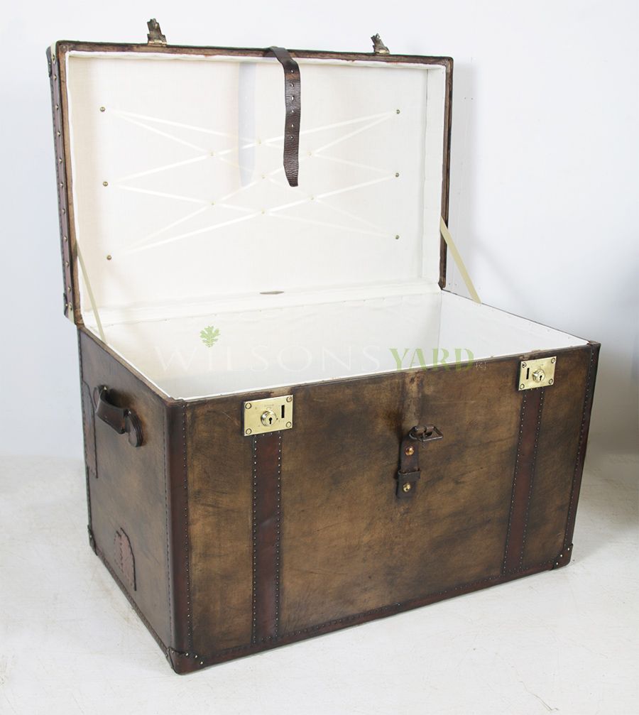Large restored antique leather military trunk