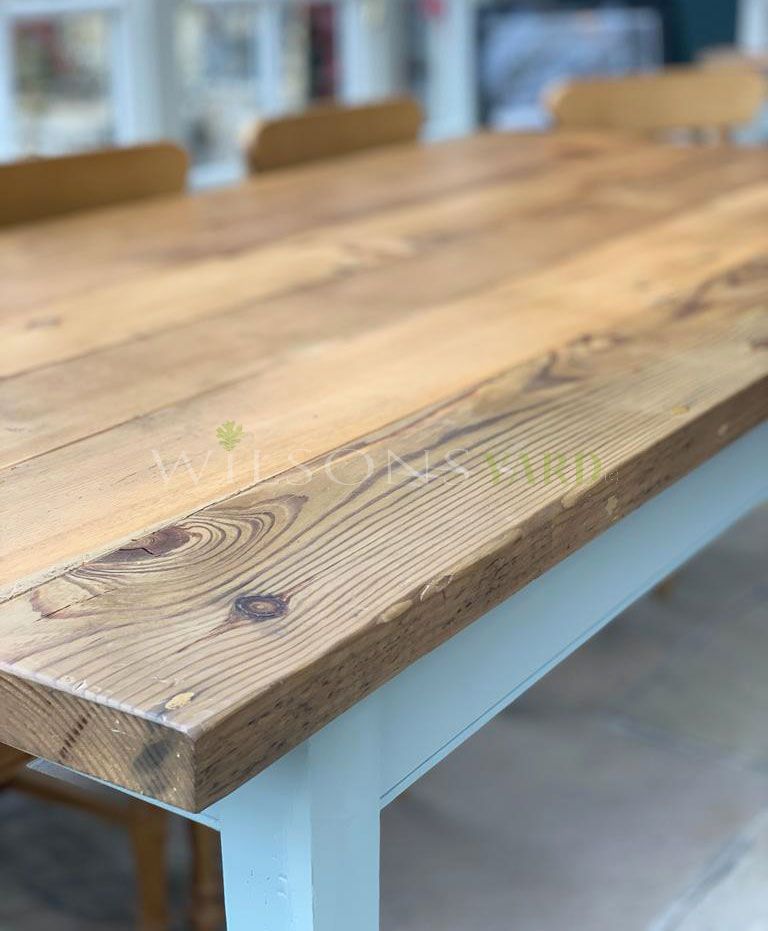 Beautiful French farmhouse kitchen table, finished with a rustic plank top