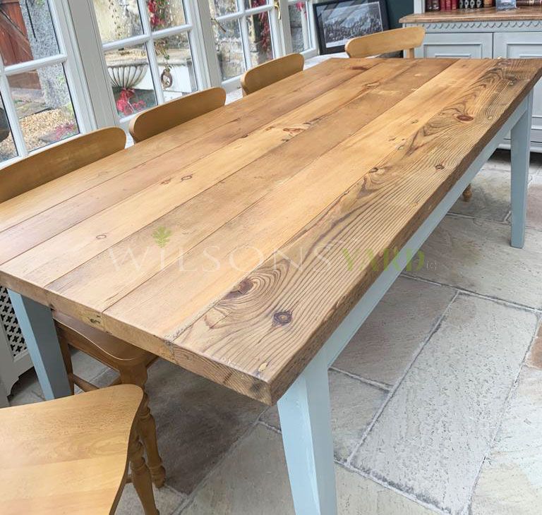 Beautiful French farmhouse kitchen table, finished with a rustic plank top