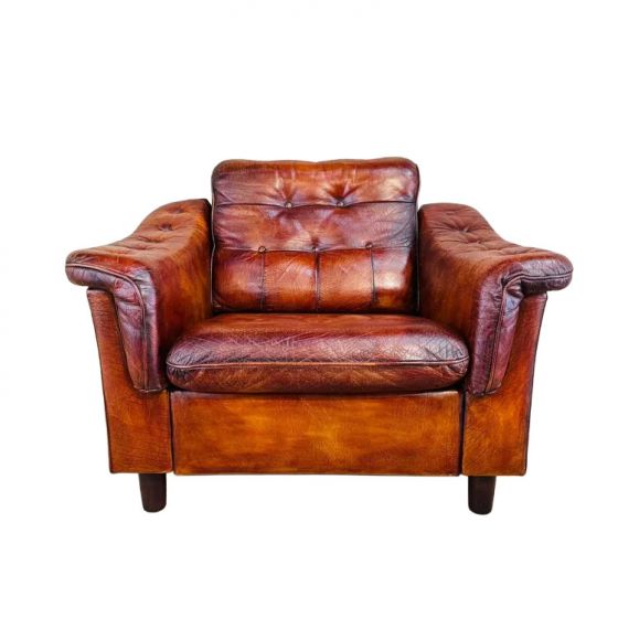 1970s Danish Rustic Armchair – Full-Grain Buffalo Leather
