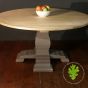 Circular Dining Table with a Reclaimed Oak Top and Decorative Wood Base