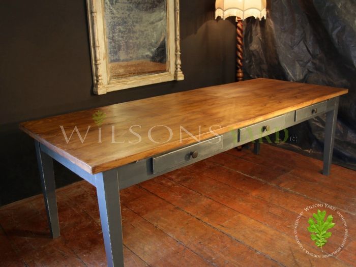 Large Wooden Topped Dining Table with Blue Distressed Legs and 6 Drawers