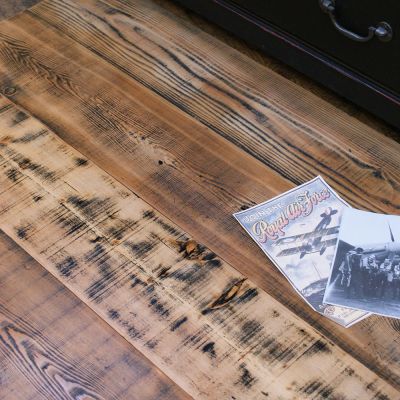 Original salvaged RAF Leachers ebonized Pine plank flooring 