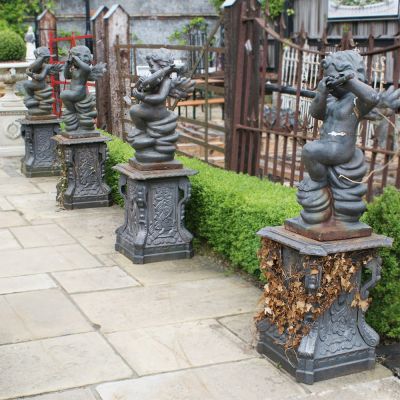 Set of 4 Cast Iron Musical Cherub Statues on Plinths