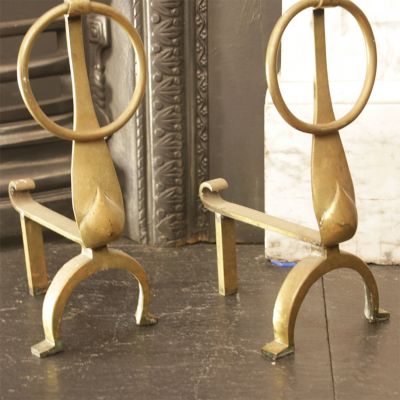 Original pair of brass dog irons with ring 