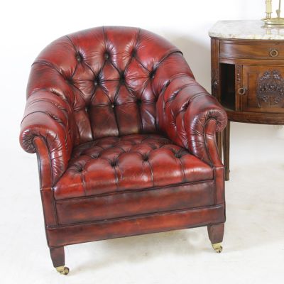 Vintage red leather button back club chair 
