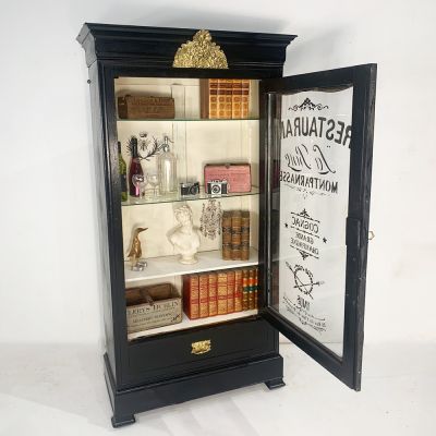 Antique French Vitrine with sign writing door and glass shelves 