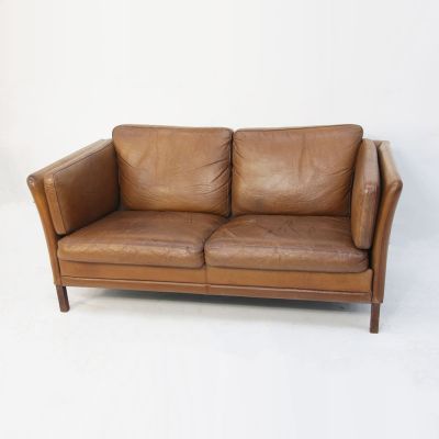 Restored vintage Scandinavian 2 seater leather sofa 