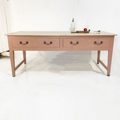 Restored bakers table with Oak top in sulking room pink
