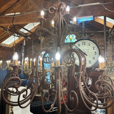Large vintage metal chandelier in original patina 