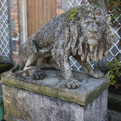 Magnificent recumbent stone lion on plinth - sold ref inv no: 111626