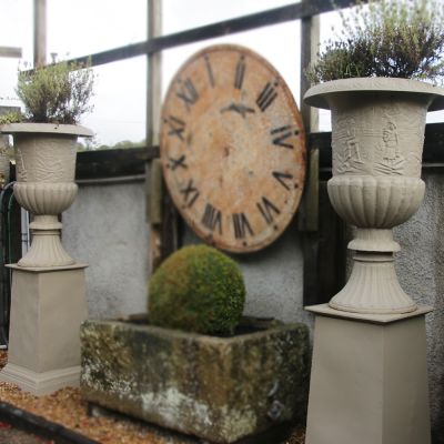 Magnificent pair of very large decorative cast iron urns