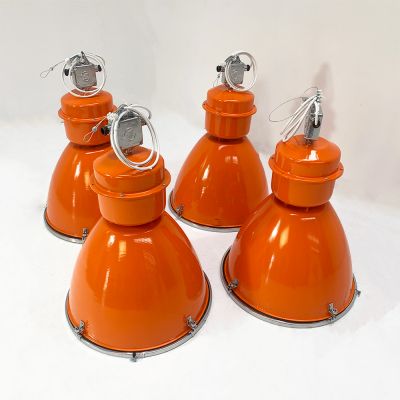 Large Vintage Restored Industrial Lights Re Painted in a Vibrant Orange Colour 