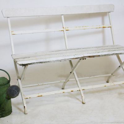 Vintage white metal bench with wooden seat - sold ref inv no:  110399