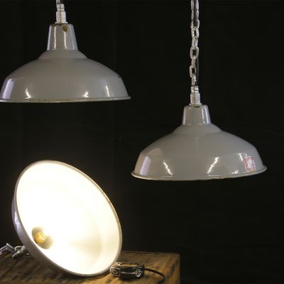 Vintage British made grey enamel industrial lights