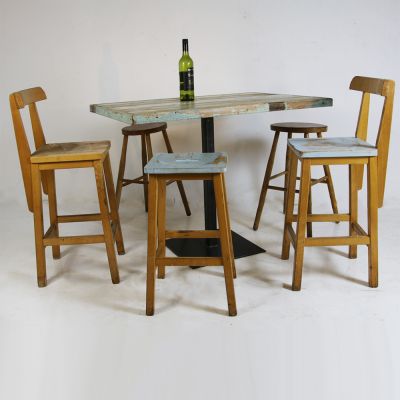 Funky wooden distressed table with stools