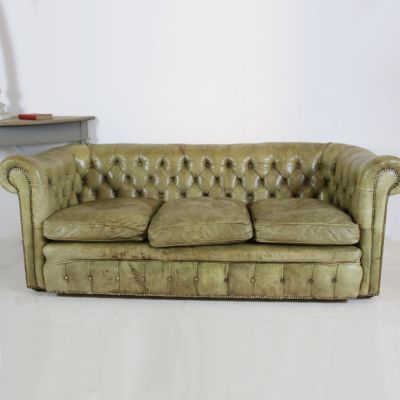 Urban vintage olive green leather button back settee