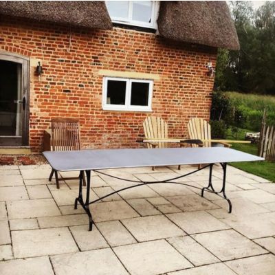 Rectangular zinc topped garden table with painted metal base in a French style