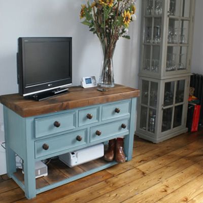 TV stand with Chunky reclaimed waxed pine top
