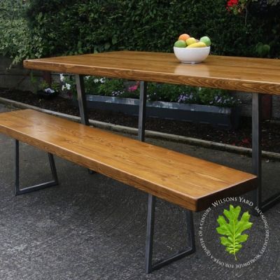 Chunky Reclaimed Pine Topped Table with Trapezoid Legs in Steel