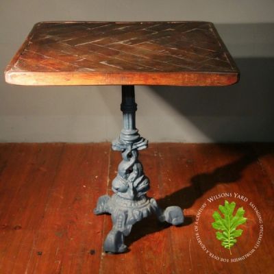 Small Parquet Topped Table with Decorative Cast Iron Single Base