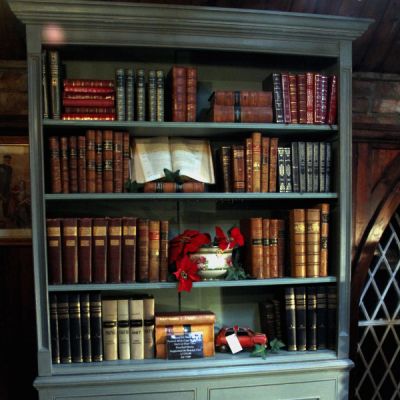 A Beautiful Hand Made Painted Book Case With Four Shelves Over Two Panelled Doors, Supported on Bracket Feet
