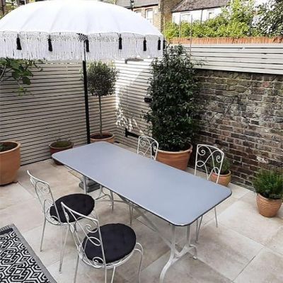 Rectangular zinc topped garden table with painted metal base in a French style