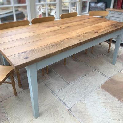 Beautiful French farmhouse kitchen table, finished with a rustic plank top  