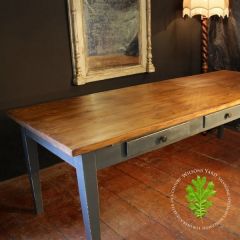 Large Wooden Topped Dining Table with Blue Distressed Legs and 6 Drawers