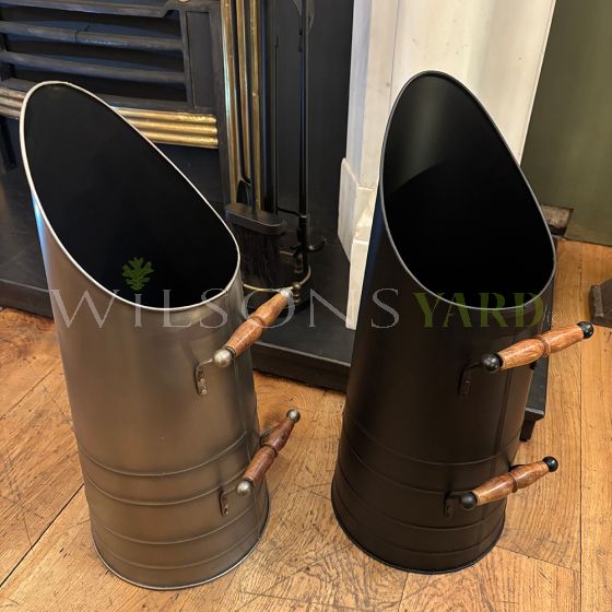 Metal coal shuttle with wooden handles 