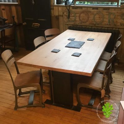 Reclaimed P/Pine jointed table top of metal legs