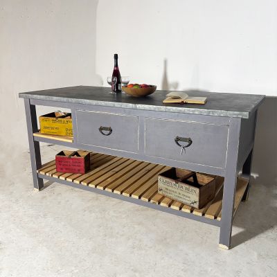 Petite English pot boarded 2 drawer zinc top kitchen Island