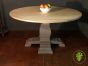 Circular Dining Table with a Reclaimed Oak Top and Decorative Wood Base
